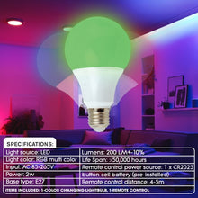 Load image into Gallery viewer, iHip Multi Color Changing LED Light Up Bulb with Remote Control more than 16 Different Color Choices Smooth, Flash or Strobe Mode- Premium Quality & Energy Saving 50,000 Hour LED Bulb - iHip