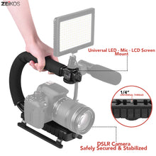 Load image into Gallery viewer, Zeikos Video Action Stabilizing Handle Grip Handheld Stabilizer with Triple 3 Shoe Mount and C Shape Rig Low Position Shooting System for DSLR, GoPro, Smartphones, Comes with Miracle Fiber Cloth - iHip