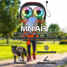 Load image into Gallery viewer, iHip Mini Air Wireless Earbuds Headphone with Portable Hanging Neck Fan, Personal Fan, Around Neck Fan, Rechargeable Wearable Mini USB 2000mAh Fans, 3 Speed Color LED Light 360 Degree Adjustment Head Suitable for Office, Outdoor, Sports (Black) - iHip