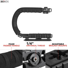Load image into Gallery viewer, Zeikos Video Action Stabilizing Handle Grip Handheld Stabilizer with Triple 3 Shoe Mount and C Shape Rig Low Position Shooting System for DSLR, GoPro, Smartphones, Comes with Miracle Fiber Cloth - iHip
