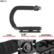 Load image into Gallery viewer, Zeikos Video Action Stabilizing Handle Grip Handheld Stabilizer with Triple 3 Shoe Mount and C Shape Rig Low Position Shooting System for DSLR, GoPro, Smartphones, Comes with Miracle Fiber Cloth - iHip