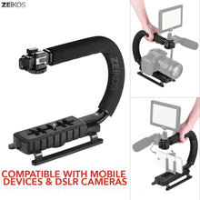 Load image into Gallery viewer, Zeikos Video Action Stabilizing Handle Grip Handheld Stabilizer with Triple 3 Shoe Mount and C Shape Rig Low Position Shooting System for DSLR, GoPro, Smartphones, Comes with Miracle Fiber Cloth - iHip
