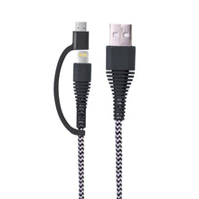 Load image into Gallery viewer, iHip Heavy Duty Rugged 10ft 2-in-1 iPhone and Android Charging Cable, Braided MFi Certified Lightning and Micro USB Cable, Compatible iPhone 12, 11, X, 8, 8 Plus,7, Samsung, Nexus, LG, HTC- Black& White - iHip