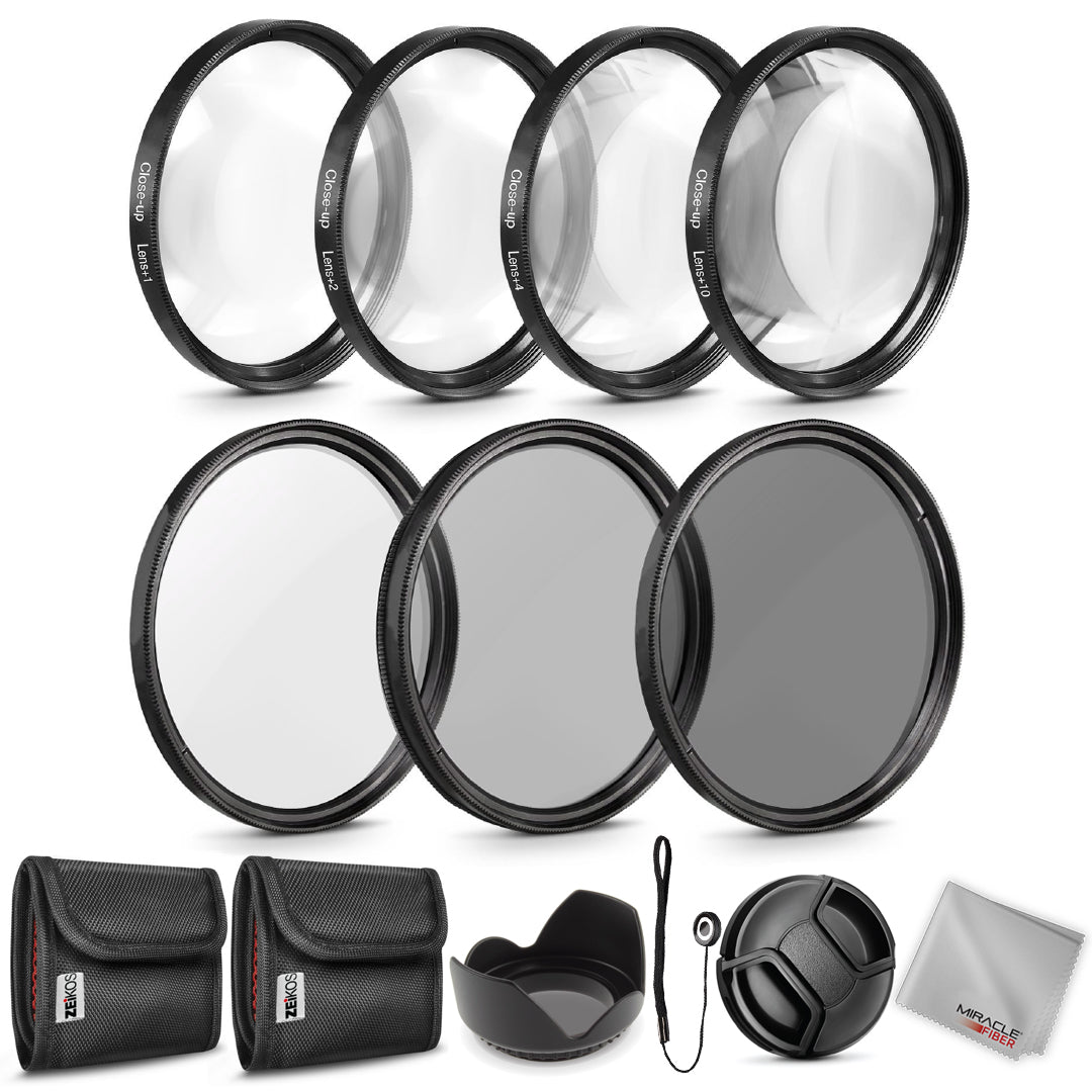 Zeikos 67MM Neutral Density Filter Set (ND2 ND4 ND8), Macro Close-Up Filter Set (+1 +2 +4 +10), Tulip Flower Lens Hood, Lens Cap and Lens Cap Keeper with Pouch and Microfiber Cloth - iHip