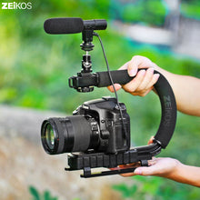 Load image into Gallery viewer, Zeikos Video Action Stabilizing Handle Grip Handheld Stabilizer with Triple 3 Shoe Mount and C Shape Rig Low Position Shooting System for DSLR, GoPro, Smartphones, Comes with Miracle Fiber Cloth - iHip
