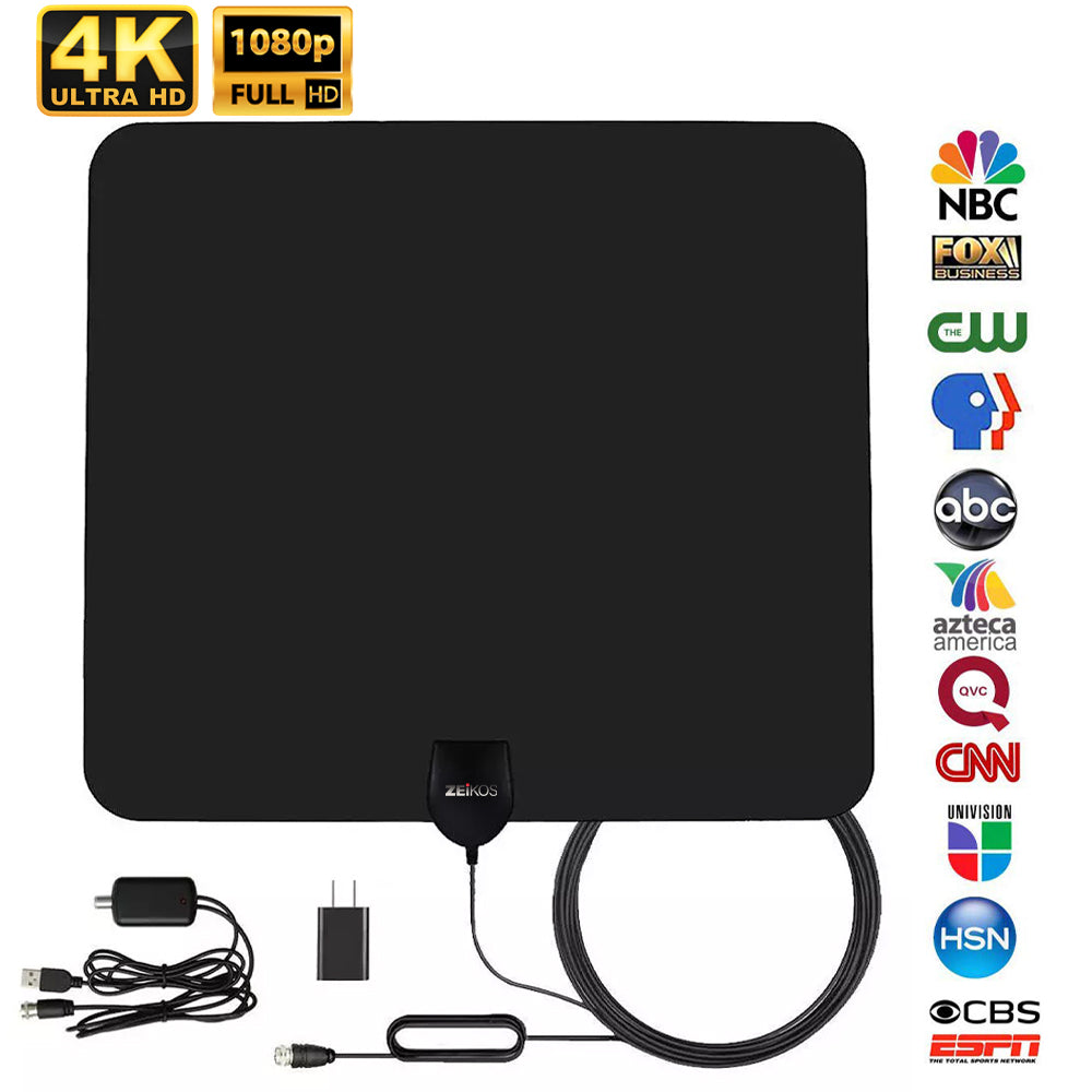 Zeikos [2019 Latest] Amplified HD Digital TV Antenna Long 90 Miles Range – Support 4K 1080P & All Older TV's Indoor Powerful HDTV Amplifier Signal Booster - 18ft Coax Cable/USB Power Adapter - iHip