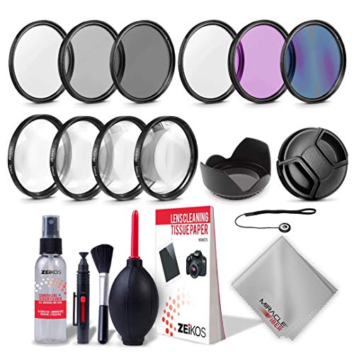 Zeikos 52MM Multi-Coated UV-CPL-FLD-ND2-ND4-ND8 Professional Lens Filter Kit, Macro Close-Up Filter Set (+1 +2 +4 +10), Lens Cap and Lens Cap Keeper with Pouch, 8-Pack Cleaning Kit, Microfiber Cloth - iHip