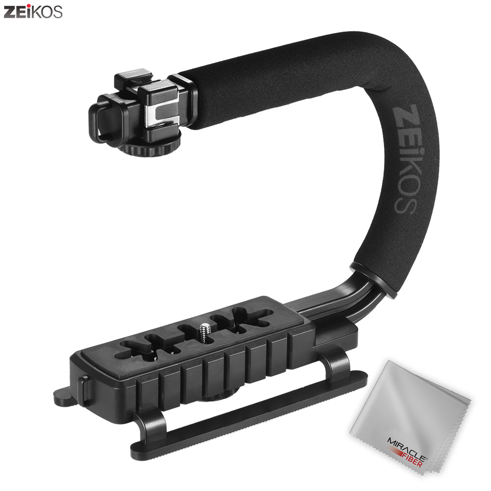 Zeikos Video Action Stabilizing Handle Grip Handheld Stabilizer with Triple 3 Shoe Mount and C Shape Rig Low Position Shooting System for DSLR, GoPro, Smartphones, Comes with Miracle Fiber Cloth - iHip