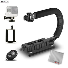 Load image into Gallery viewer, Zeikos Video Action Stabilizing Handle Grip Handheld Stabilizer with Triple 3 Shoe Mount Set, Comes with Bluetooth Remote, Smartphone and GoPro Mount, Miracle Fiber Microfiber Cloth - iHip
