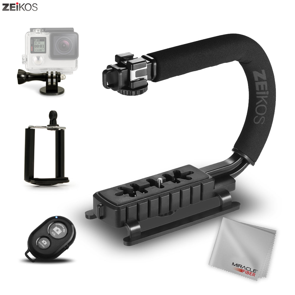 Zeikos Video Action Stabilizing Handle Grip Handheld Stabilizer with Triple 3 Shoe Mount Set, Comes with Bluetooth Remote, Smartphone and GoPro Mount, Miracle Fiber Microfiber Cloth - iHip