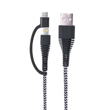 Load image into Gallery viewer, iHip Heavy Duty Rugged 10ft 2-in-1 iPhone and Android Charging Cable, Braided MFi Certified Lightning and Micro USB Cable, Compatible iPhone 12, 11, X, 8, 8 Plus,7, Samsung, Nexus, LG, HTC- Black&amp; White - iHip
