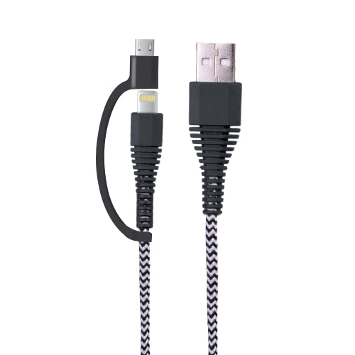 iHip Heavy Duty Rugged 10ft 2-in-1 iPhone and Android Charging Cable, Braided MFi Certified Lightning and Micro USB Cable, Compatible iPhone 12, 11, X, 8, 8 Plus,7, Samsung, Nexus, LG, HTC- Black& White - iHip