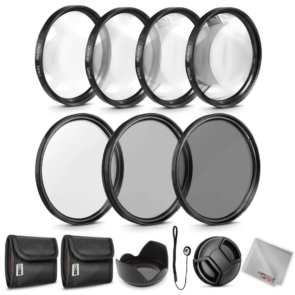 Zeikos 52MM Neutral Density Filter Set (ND2 ND4 ND8), Macro Close-Up Filter Set (+1 +2 +4 +10), Tulip Flower Lens Hood, Lens Cap and Lens Cap Keeper with Pouch and Microfiber Cloth - iHip